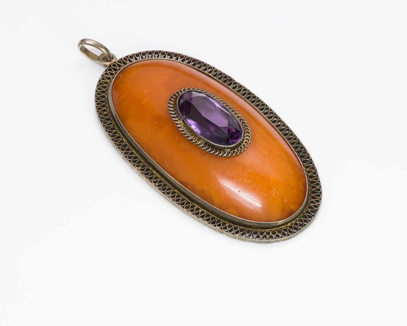 Antique Amber Amethyst Silver Pendant - DSF Antique Jewelry