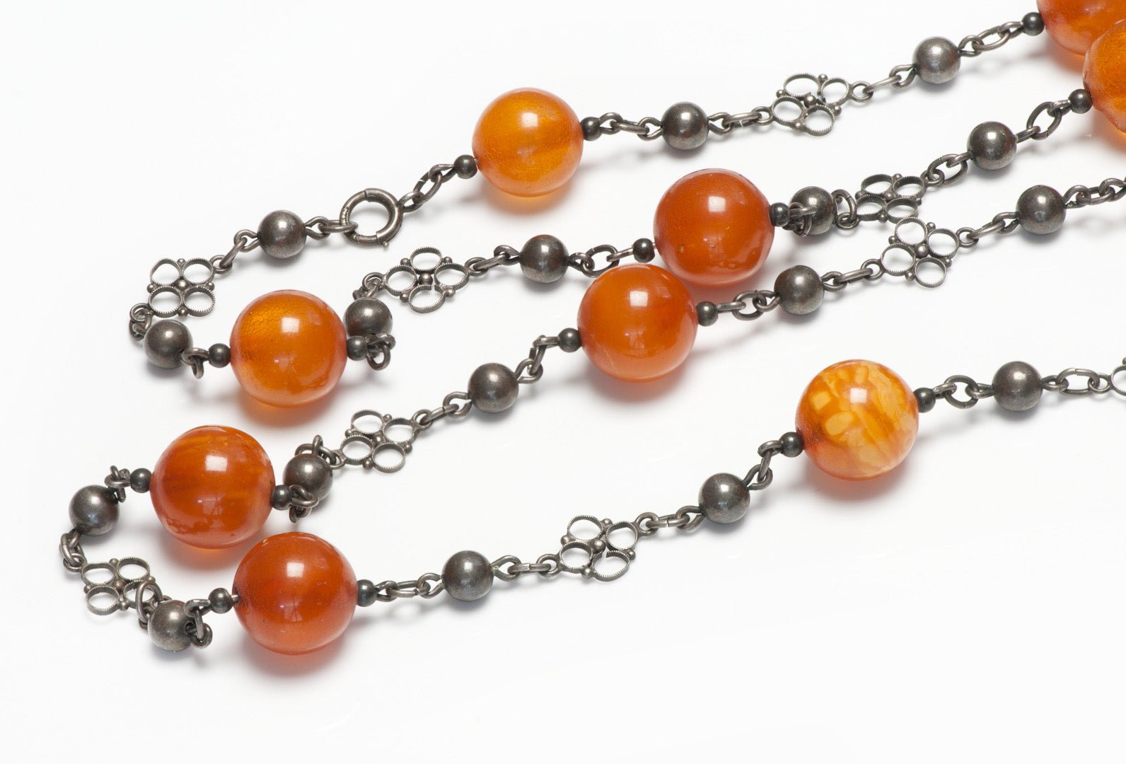 Antique Amber Bead Silver Chain Necklace - DSF Antique Jewelry
