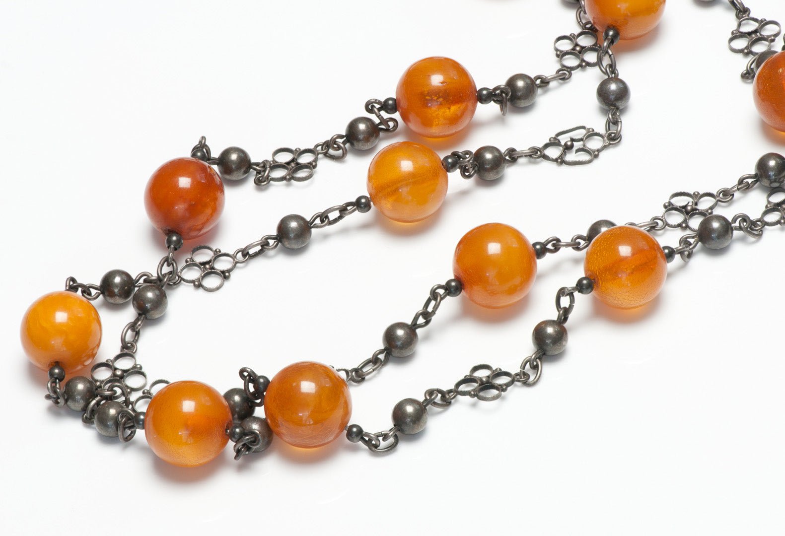 Antique Amber Bead Silver Chain Necklace