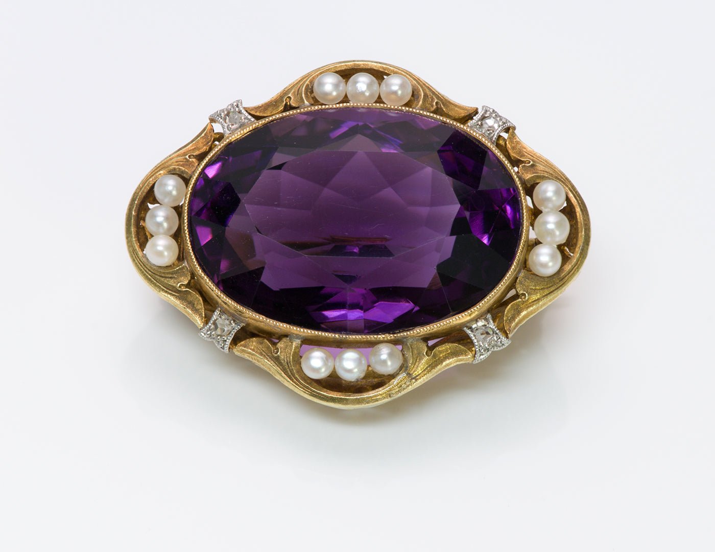 Antique Amethyst 18K Gold Pearl Diamond Brooch - DSF Antique Jewelry
