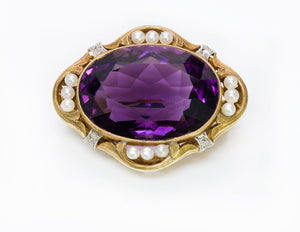 Antique Amethyst 18K Gold Pearl Diamond Brooch