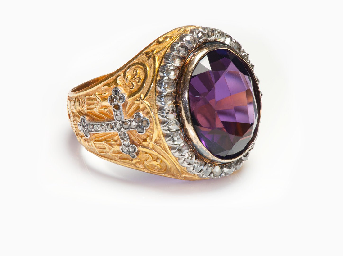 Antique Amethyst Diamond 18K Gold Bishop Ring