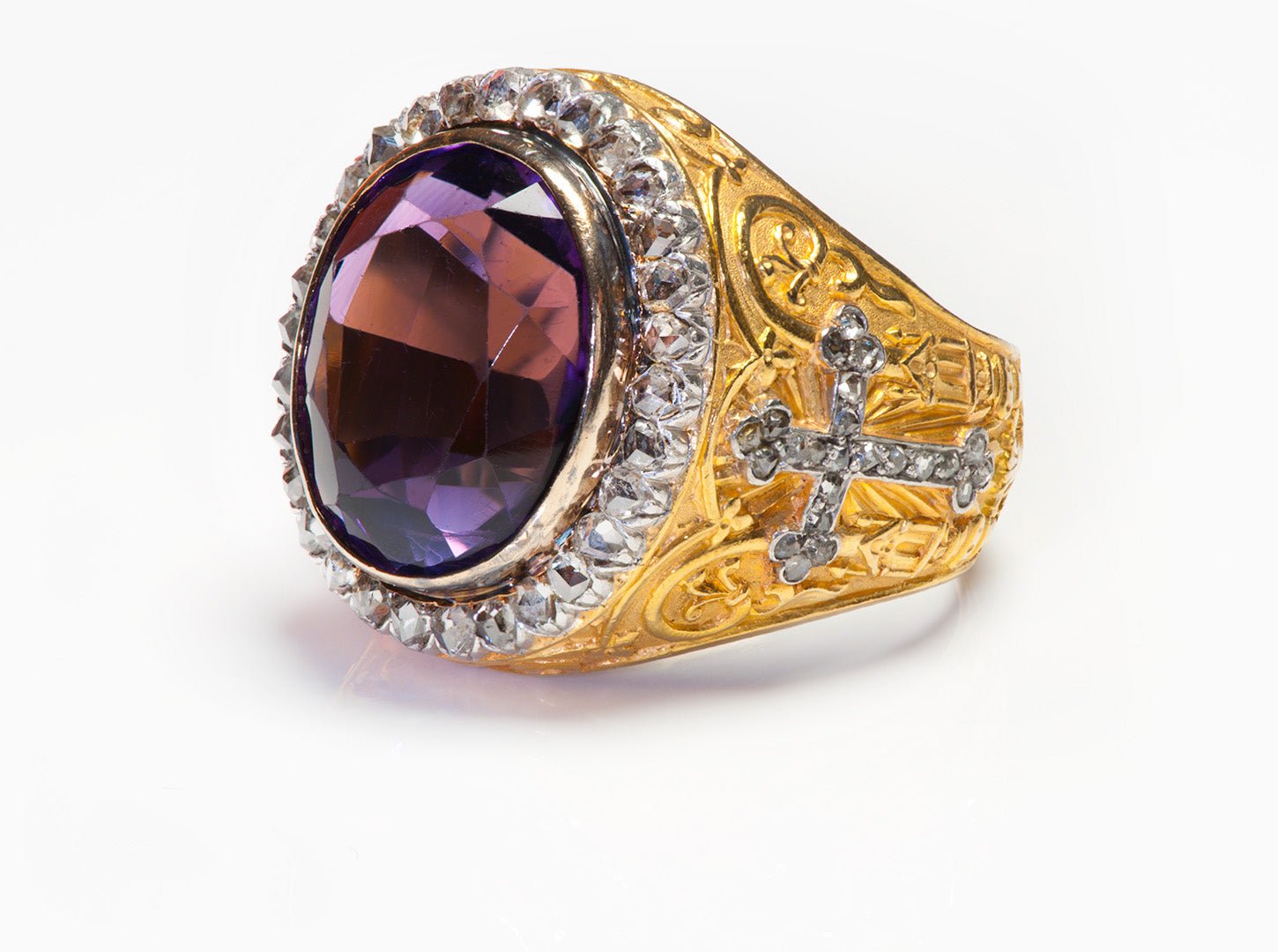Antique Amethyst Diamond 18K Gold Bishop Ring