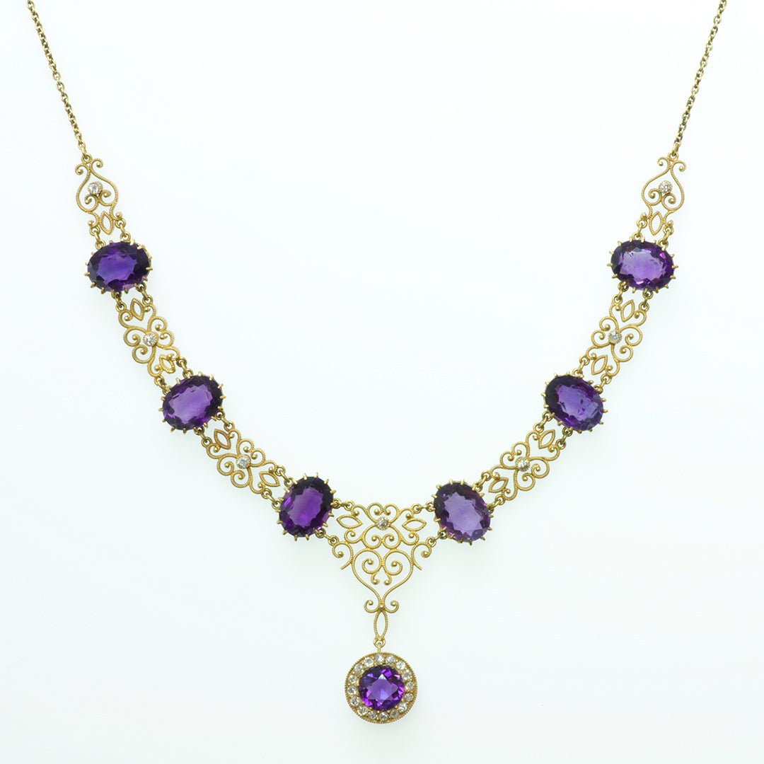 Antique Amethyst Diamond Gold Necklace - DSF Antique Jewelry