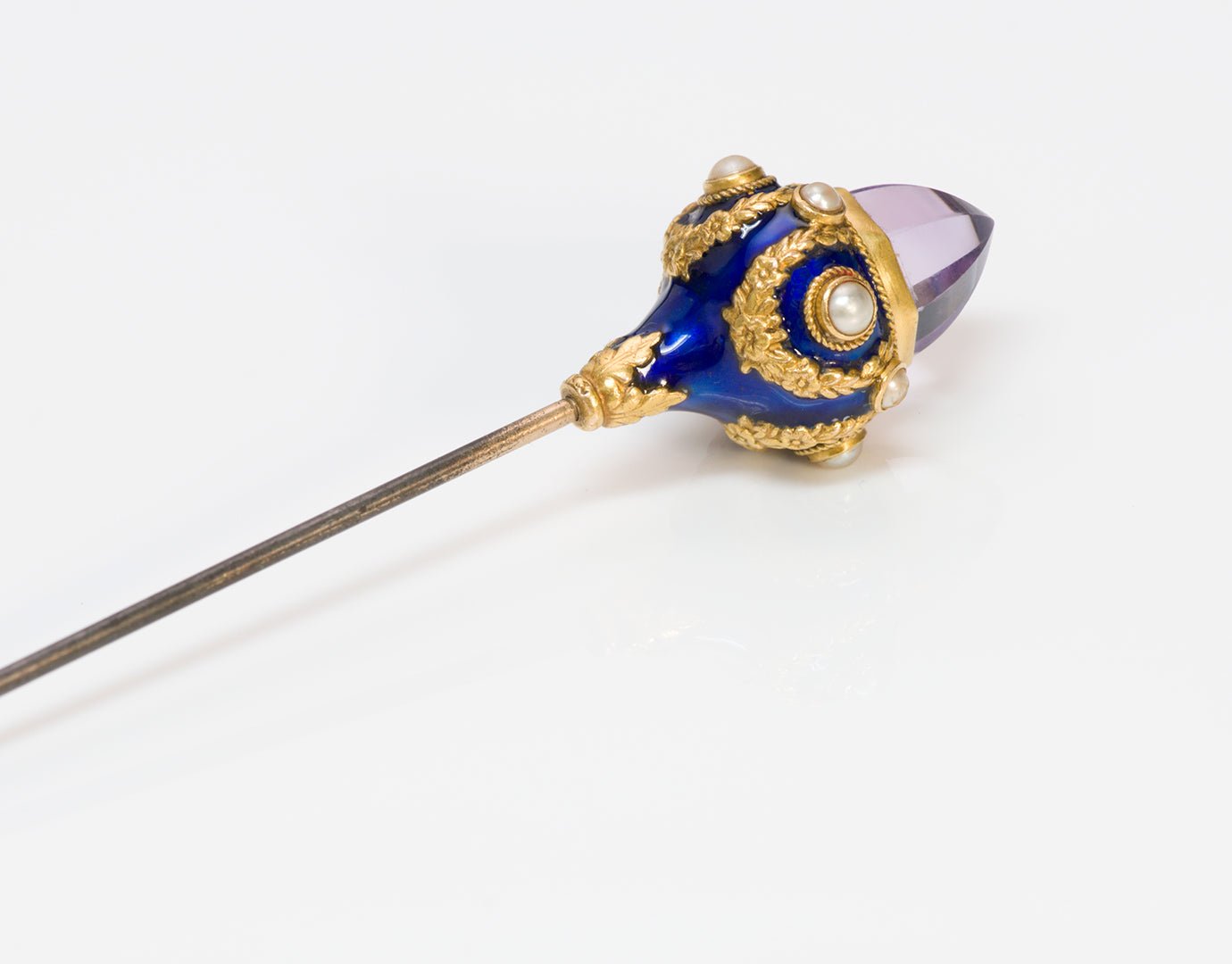 Antique Amethyst Gold Pearl & Enamel Hat Stick Pin