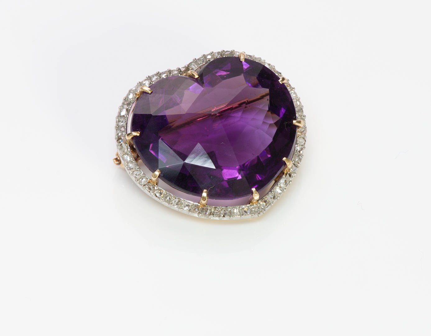 Antique Amethyst Heart Diamond Gold Brooch