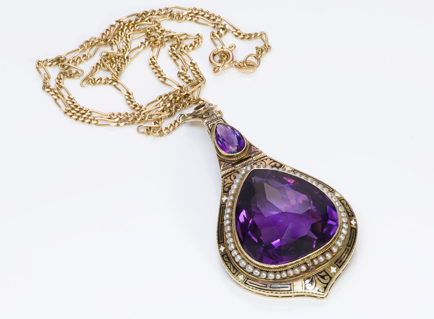 Antique Amethyst Seed Pearl Enamel Gold Pendant Necklace
