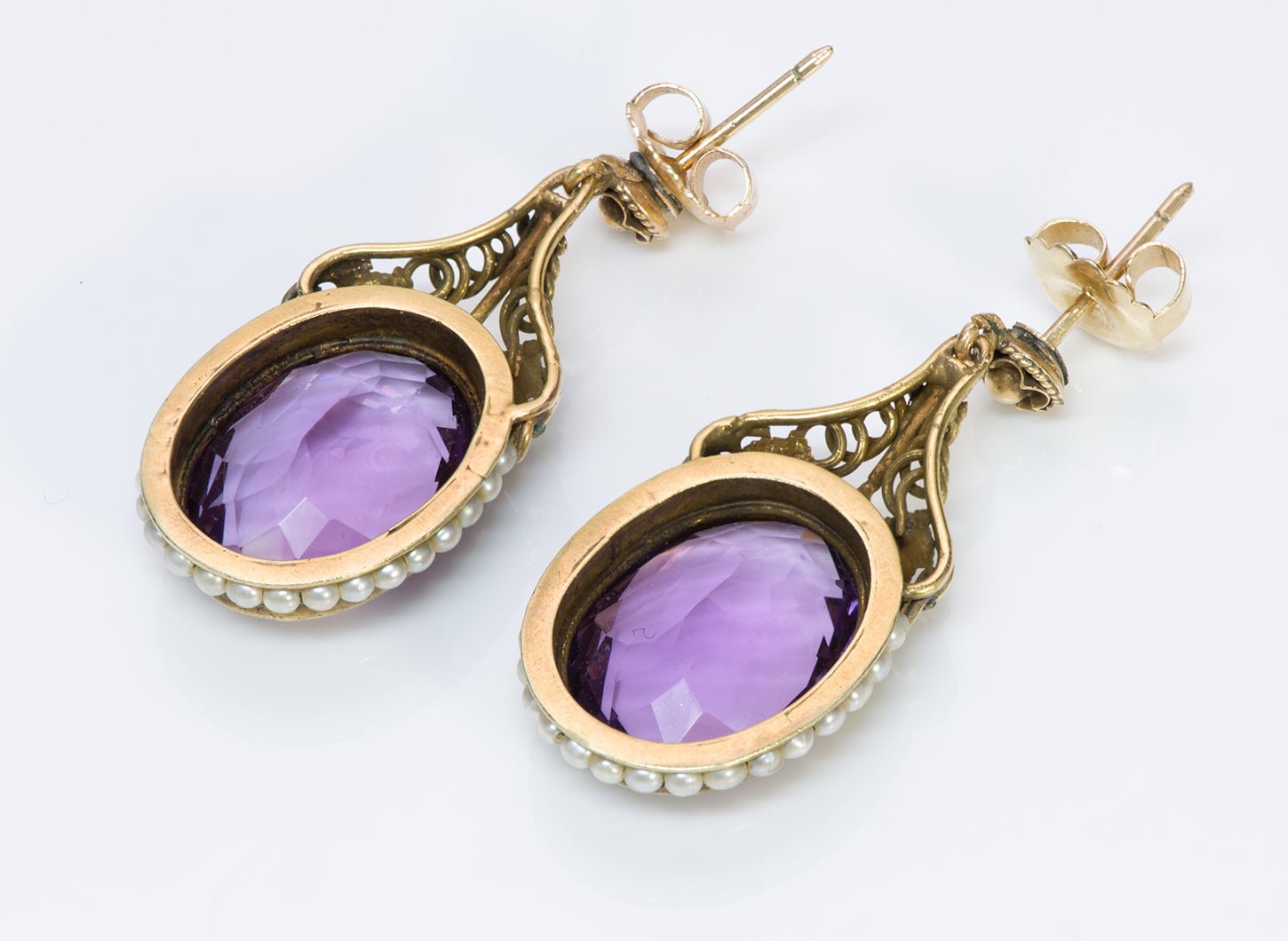 Antique Amethyst Seed Pearl Gold Earrings - DSF Antique Jewelry