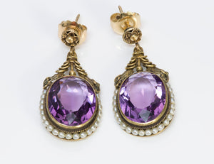 Antique Amethyst Seed Pearl Gold Earrings