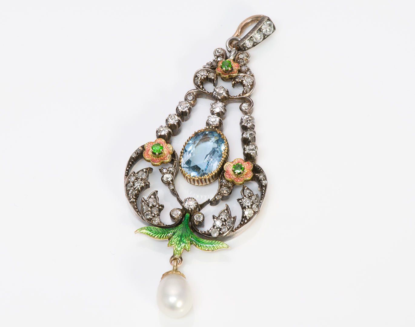 Antique Aquamarine Diamond Demantoid Enamel & Pearl Pendant