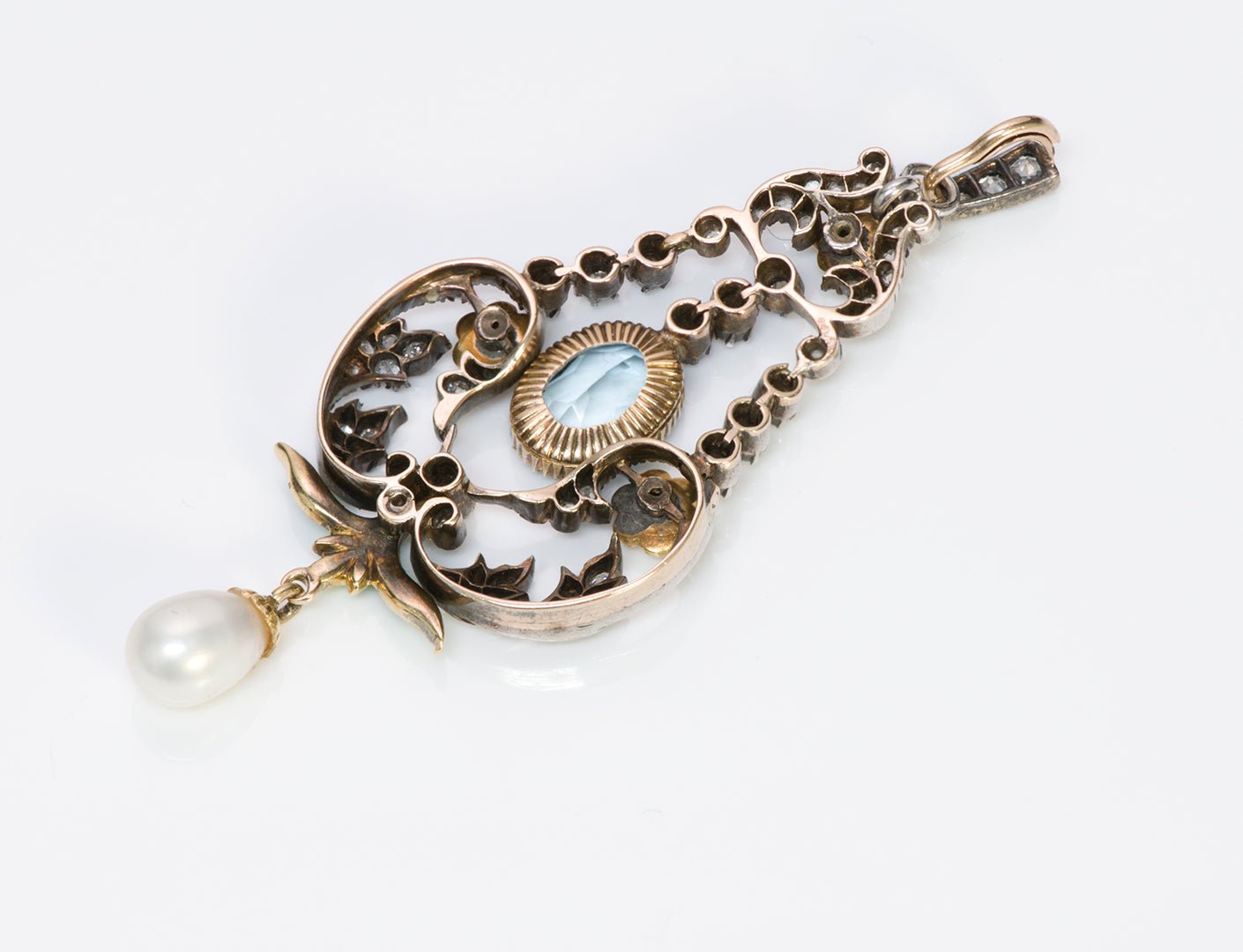 Antique Aquamarine Diamond Demantoid Enamel & Pearl Pendant - DSF Antique Jewelry