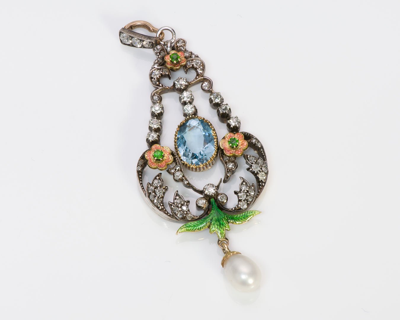 Antique Aquamarine Diamond Demantoid Enamel & Pearl Pendant - DSF Antique Jewelry