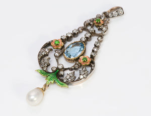 Antique Aquamarine Diamond Demantoid Enamel & Pearl Pendant