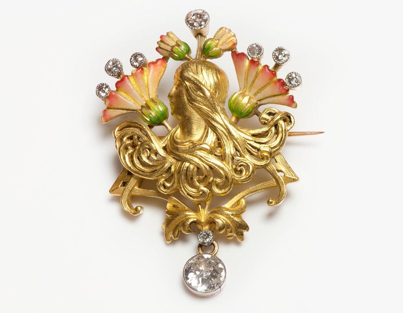 Antique Art Nouveau 18K Gold Lady Enamel Diamond Pendant Brooch