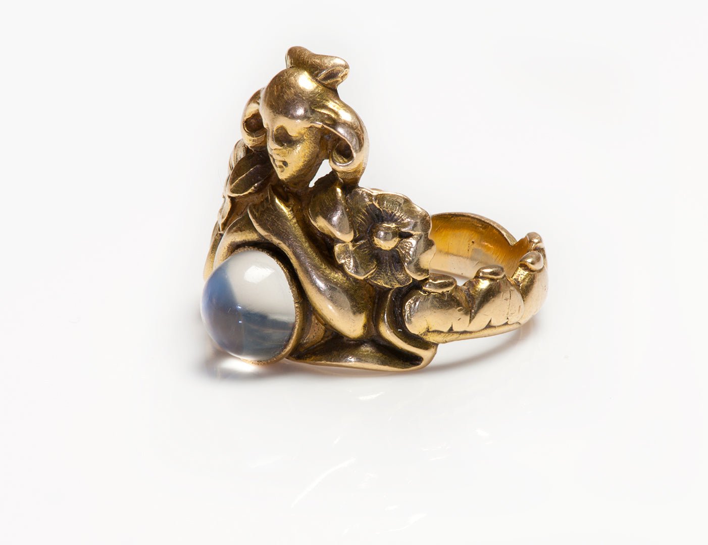 Antique Art Nouveau 18K Gold Moonstone Lady Ring - DSF Antique Jewelry