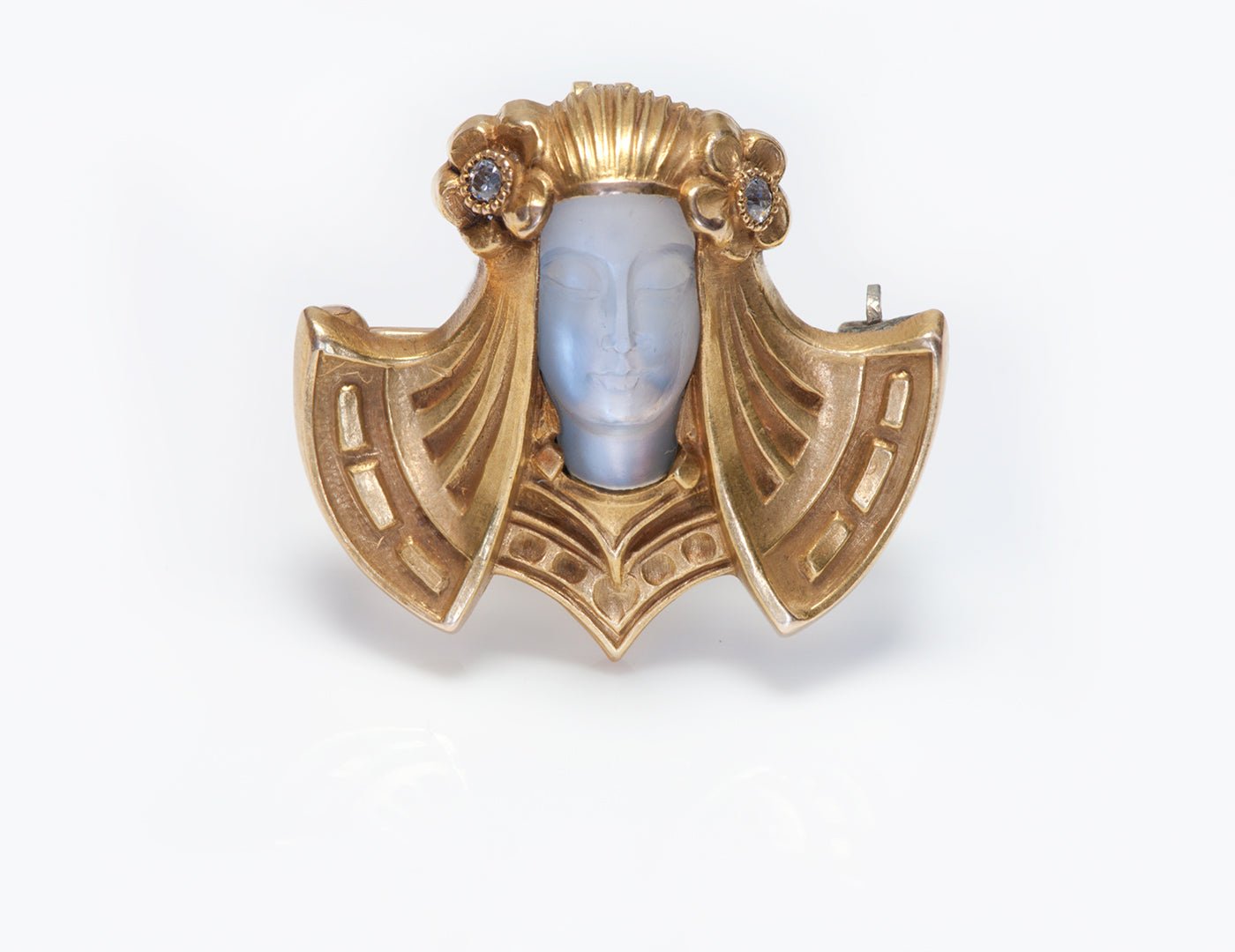 Antique Art Nouveau Gold Diamond Carved Moonstone Lady Pendant Brooch