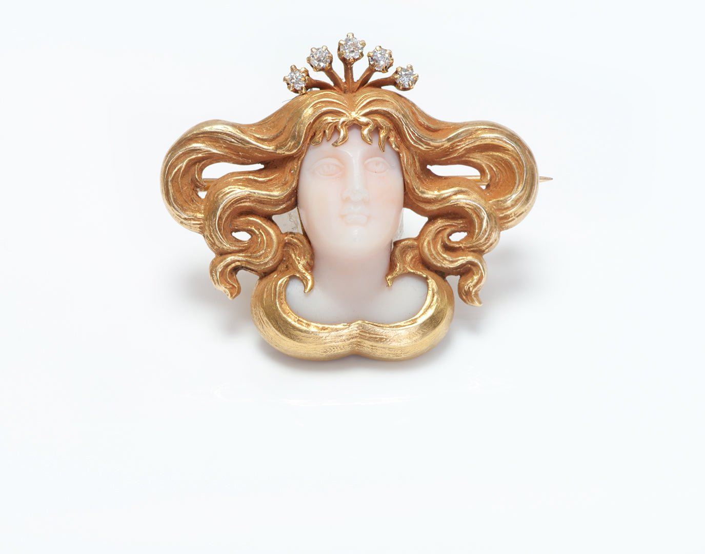 Antique Art Nouveau Gold Diamond Coral Lady Brooch