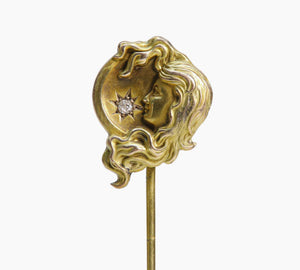 Antique Art Nouveau Gold Diamond Lady Stick Pin