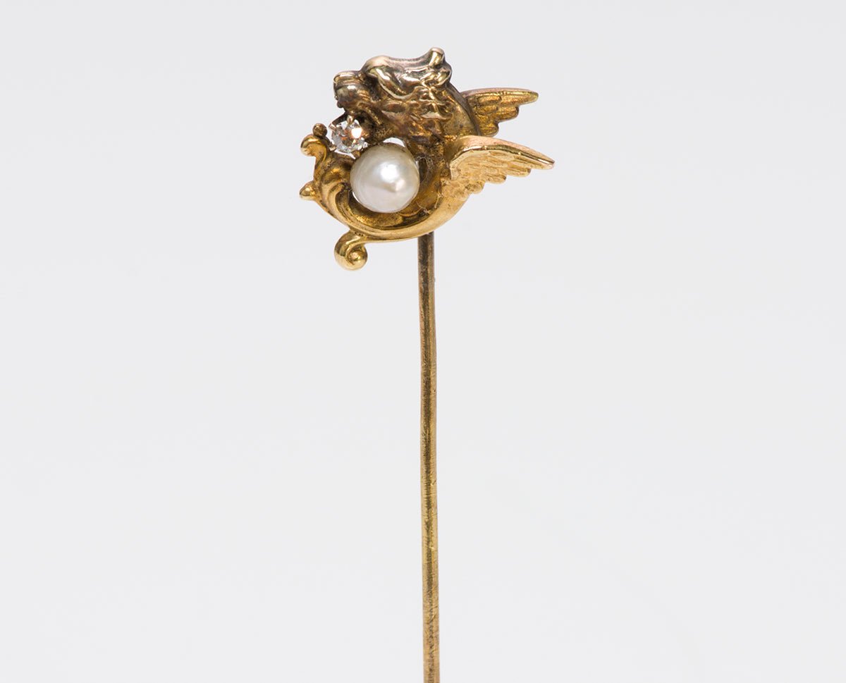 Antique Art Nouveau Gold Diamond & Pearl Griffin Stick Pin
