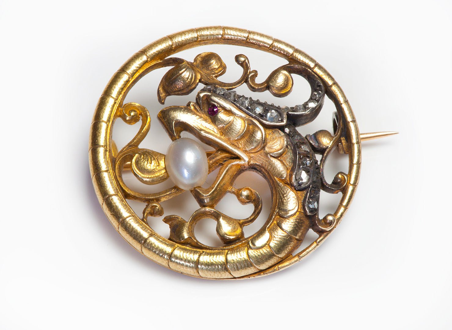 Antique Art Nouveau Gold Diamond Pearl Ruby Griffin Brooch