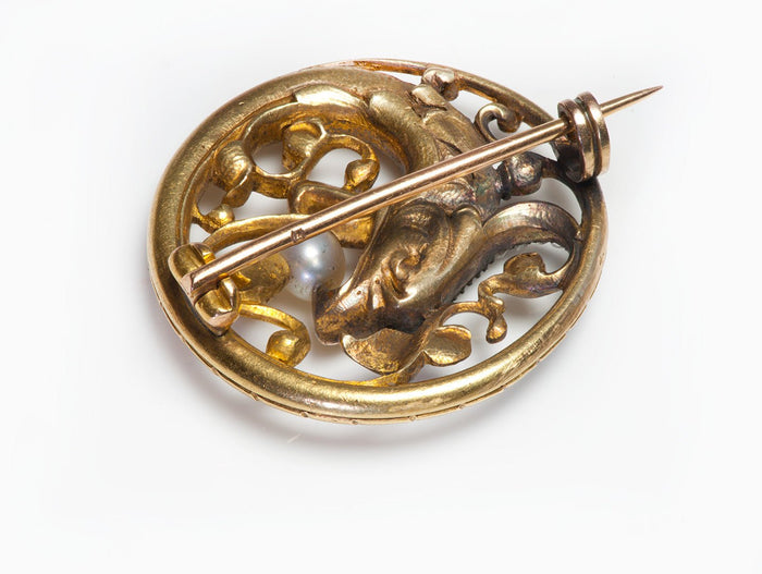 Antique Art Nouveau Gold Diamond Pearl Ruby Griffin Brooch