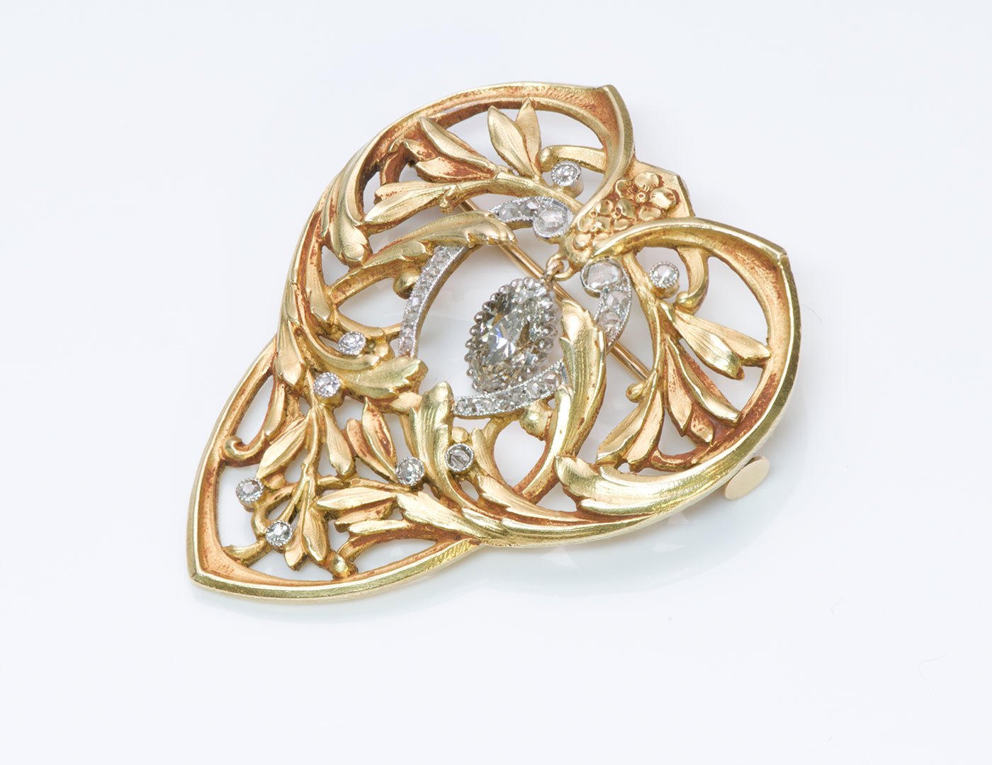 Antique Art Nouveau Marquise Diamond 18K Gold Brooch/Pendant - DSF Antique Jewelry