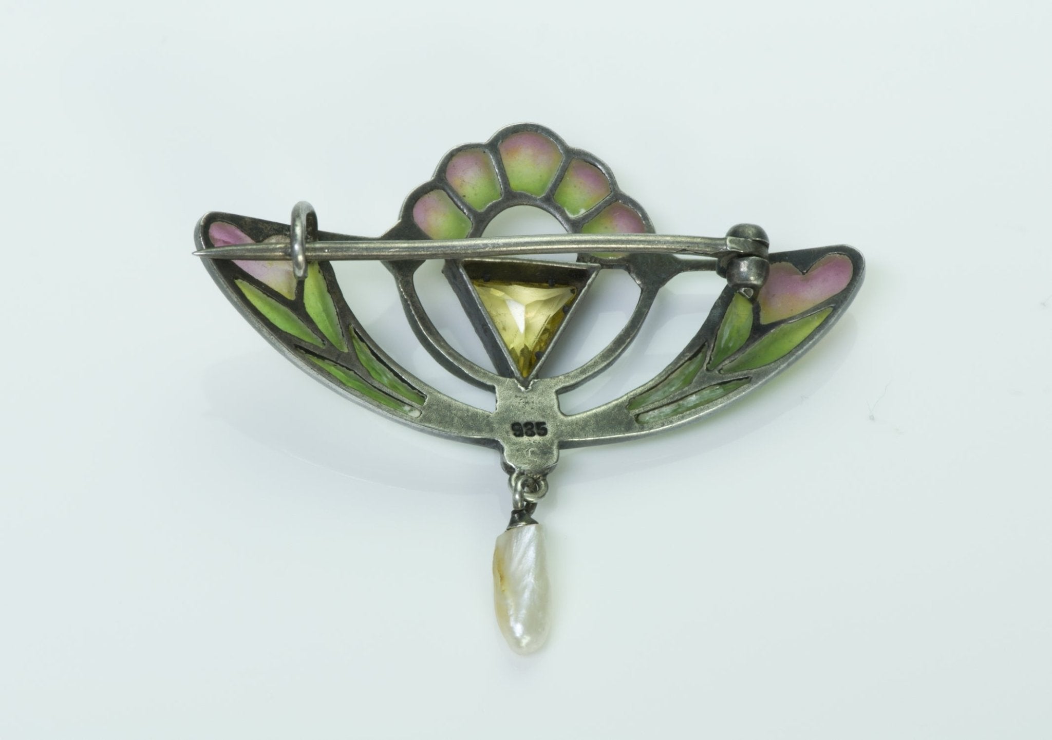 Antique Art Nouveau Plique A Jour Silver Pearl Brooch - DSF Antique Jewelry