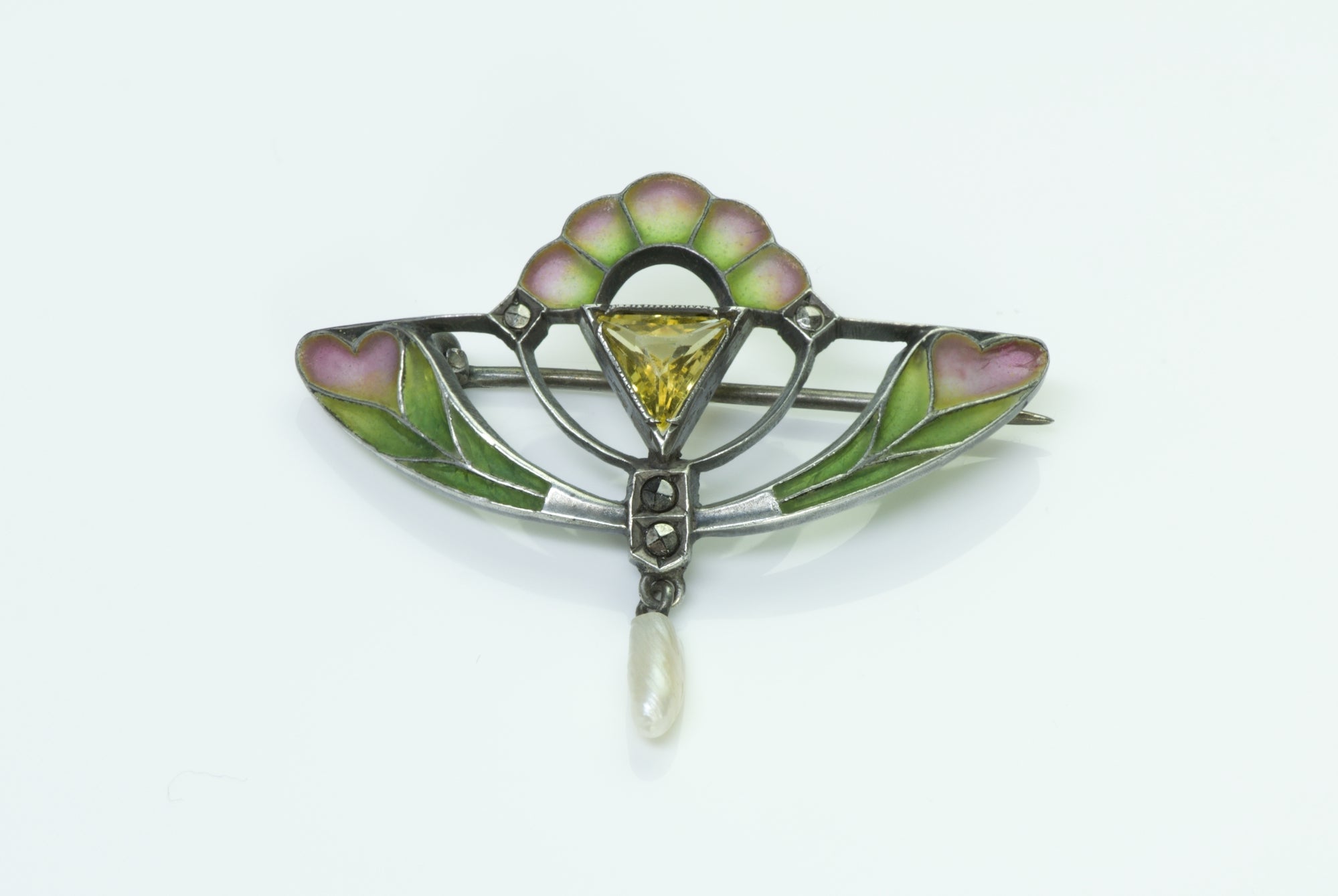 Antique Art Nouveau Plique A Jour Silver Pearl Brooch