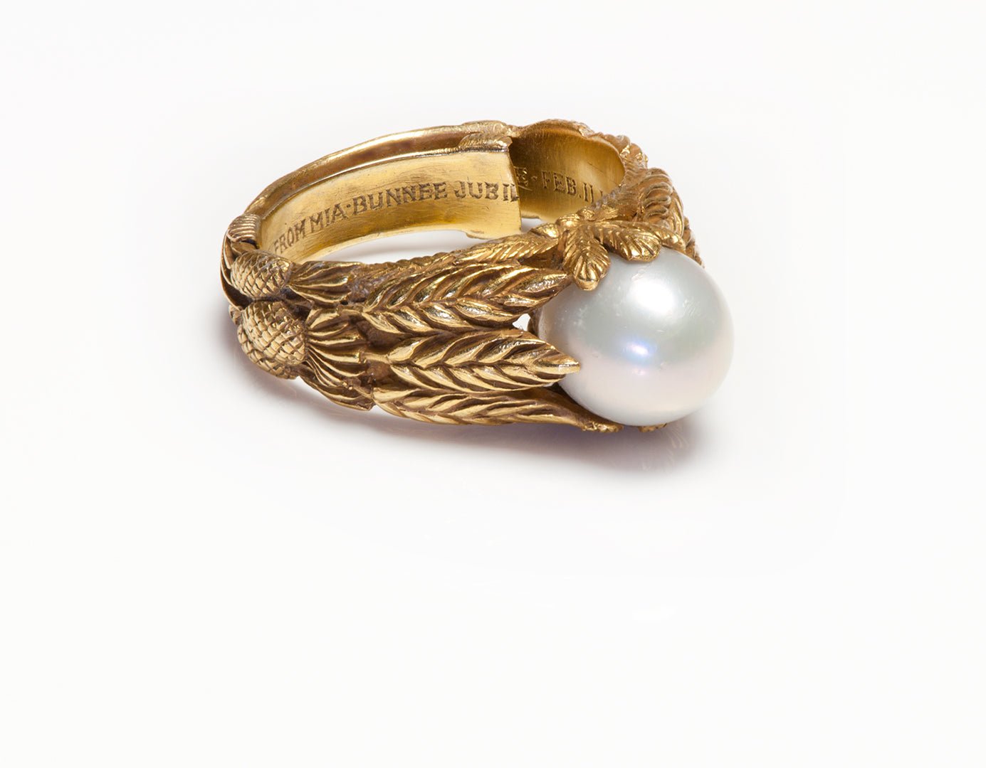 Antique Art Nouveau Wheat Engraved Gold Pearl Ring