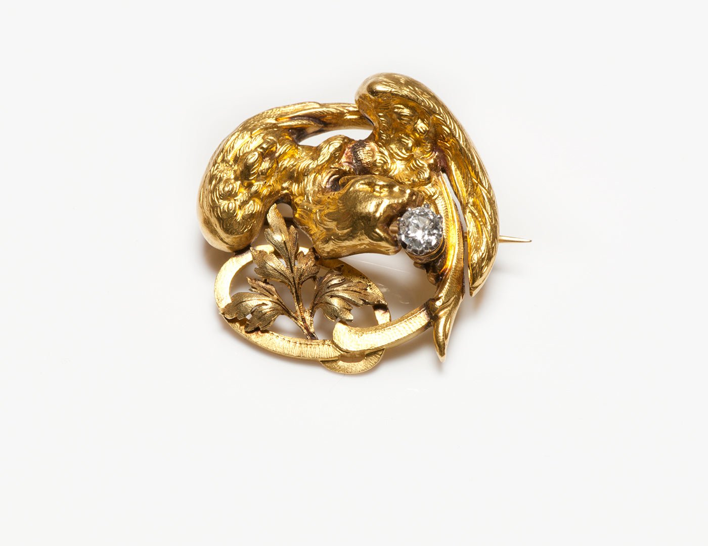 Antique Art Nouveau Yellow Gold & Diamond Griffin Brooch