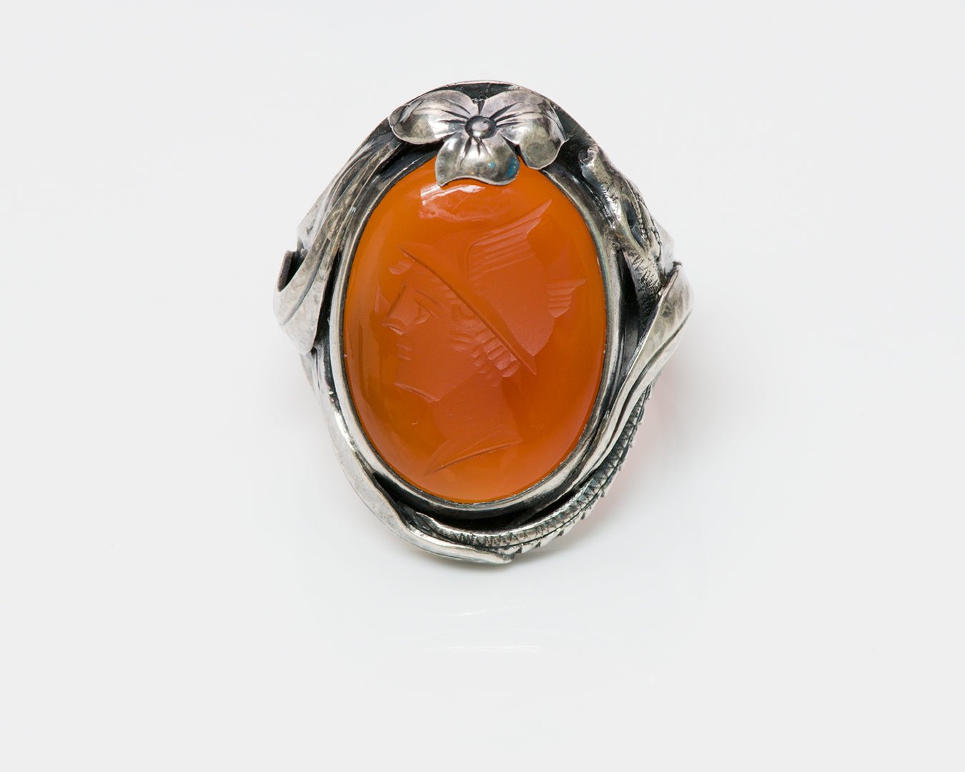 Antique Arts & Crafts Carnelian Intaglio Snake Silver Ring - DSF Antique Jewelry