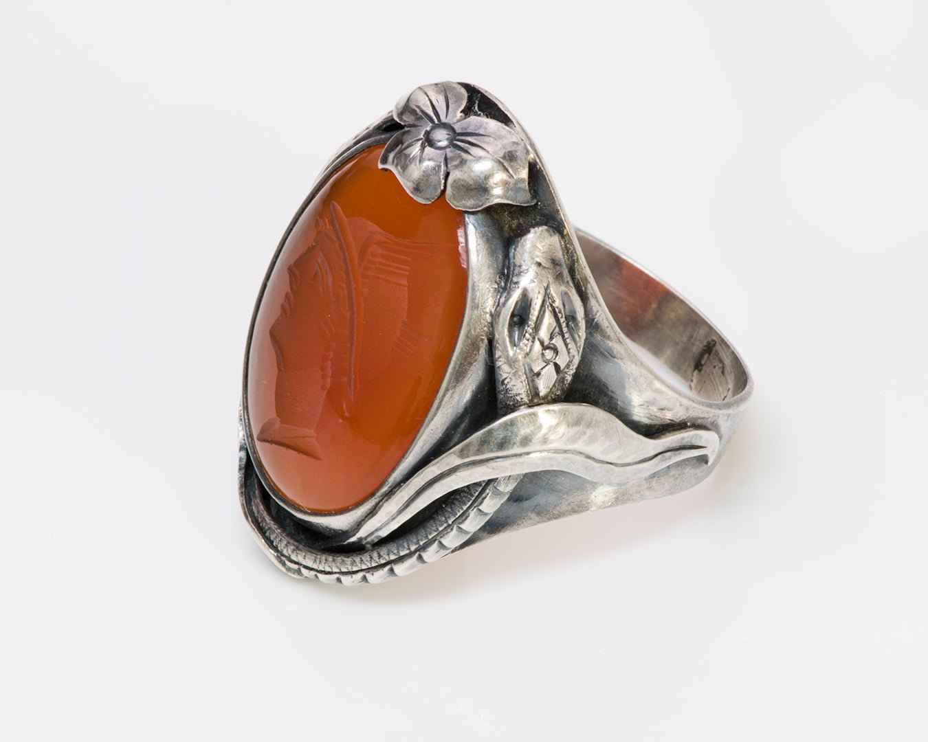 Antique Arts & Crafts Carnelian Intaglio Snake Silver Ring - DSF Antique Jewelry