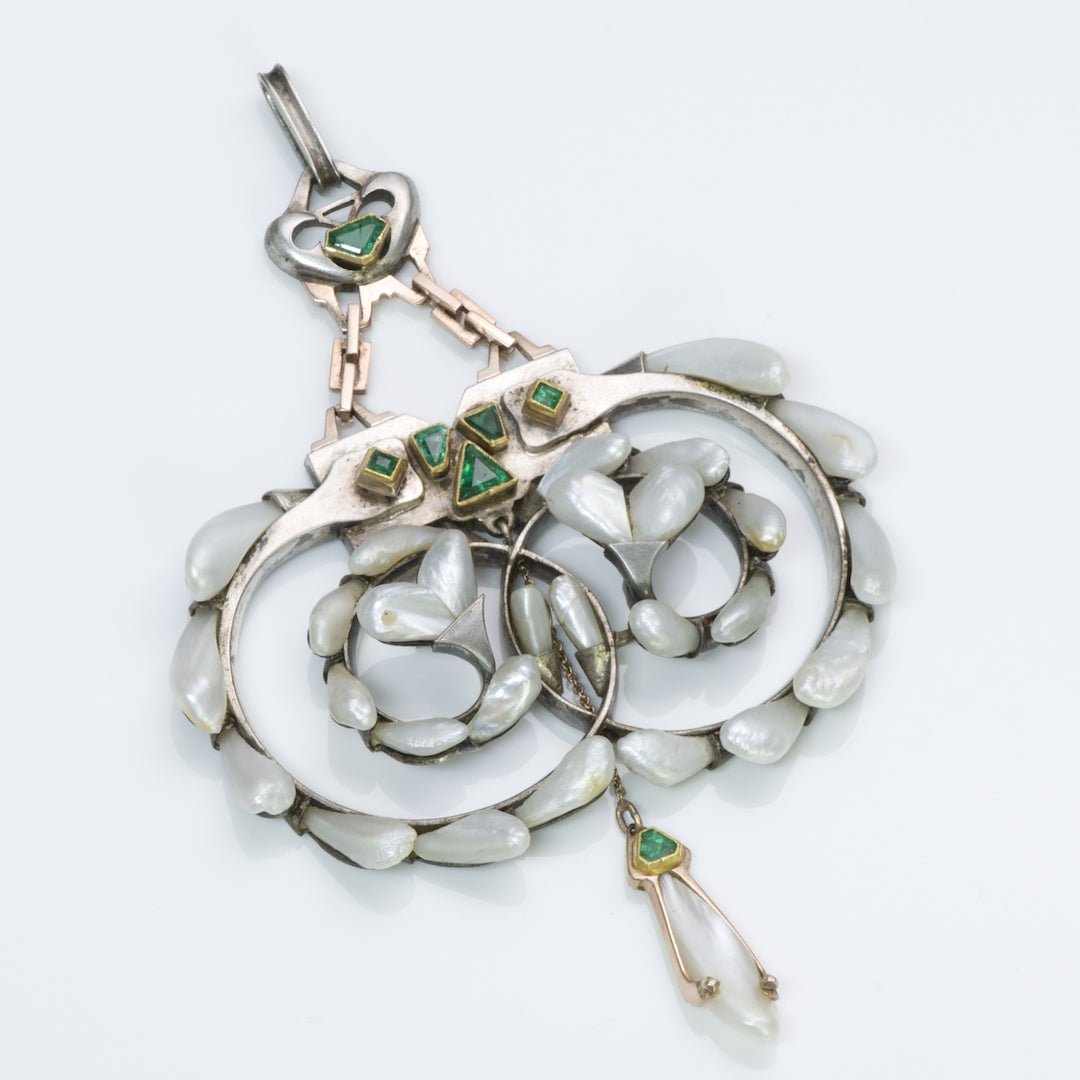 Antique Arts & Crafts Pearl Emerald Pendant - DSF Antique Jewelry