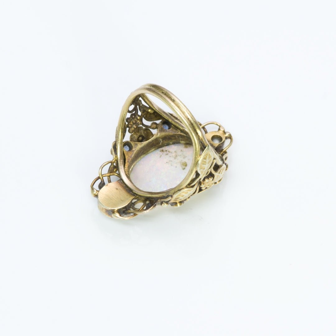 Antique Arts & Crafts Sapphire Opal Pearl Yellow Gold Ring - DSF Antique Jewelry