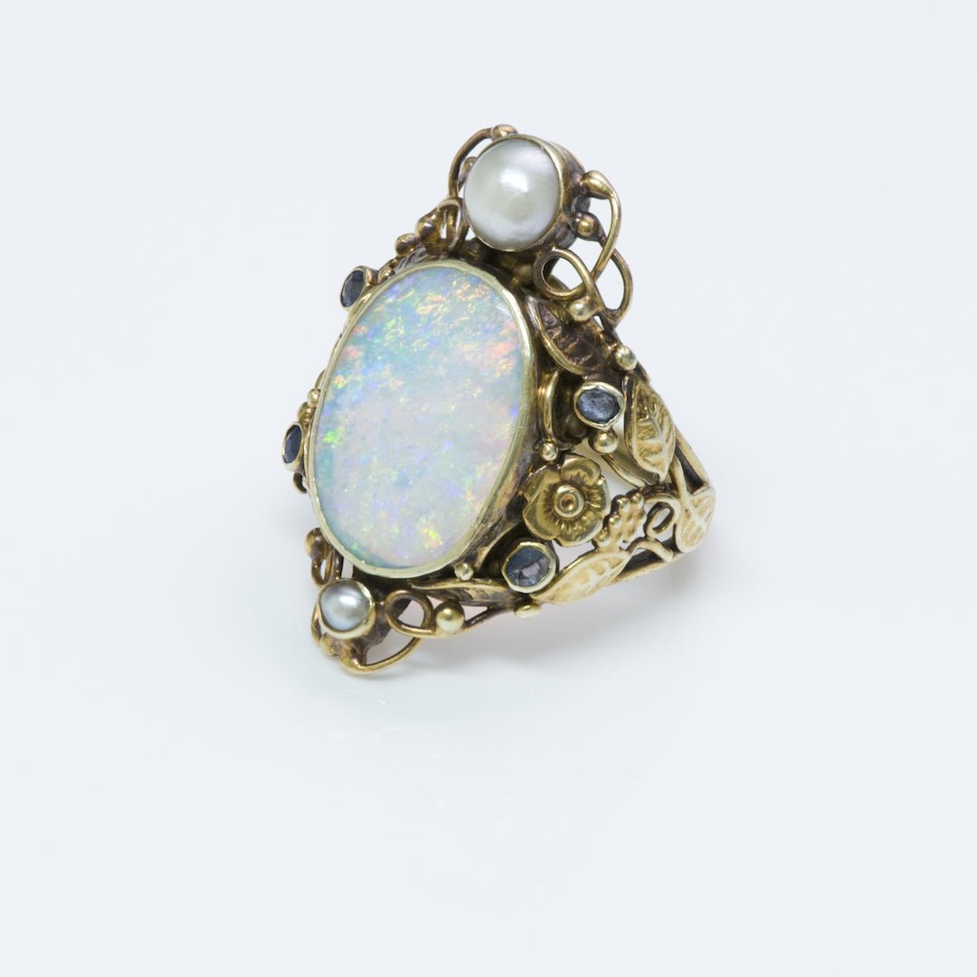 Antique Arts & Crafts Sapphire Opal Pearl Yellow Gold Ring - DSF Antique Jewelry