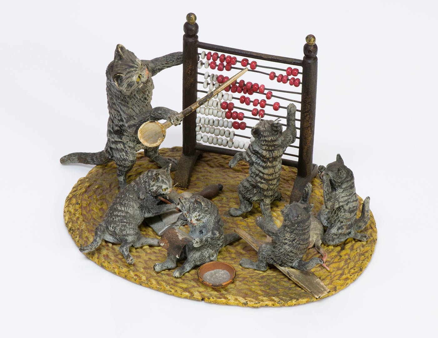 Antique Austrian Bronze Enamel 6 Cats Kittens Abacus School Teacher