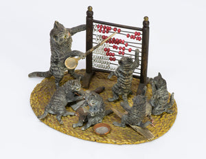 Antique Austrian Bronze Enamel 6 Cats Kittens Abacus School Teacher