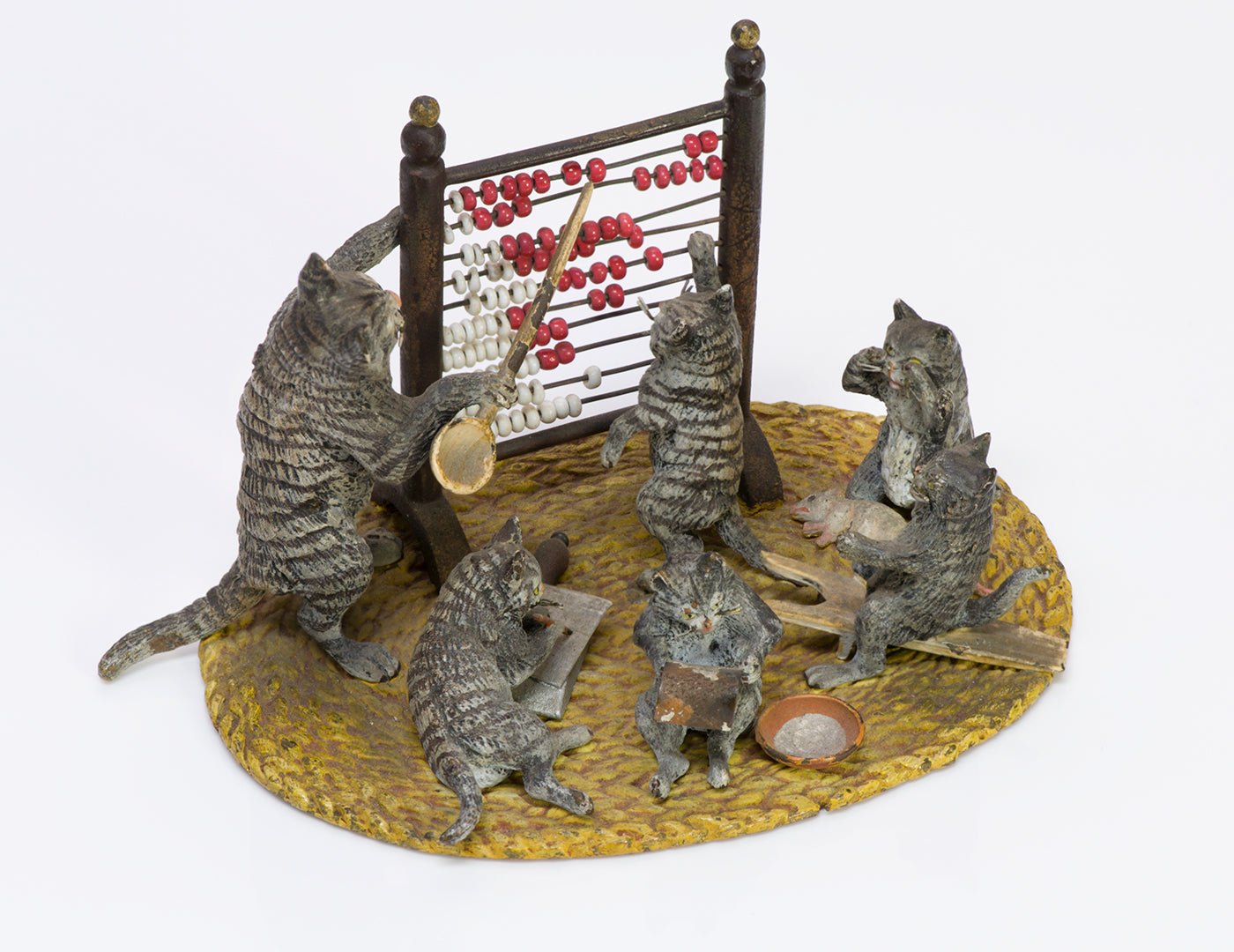 Antique Austrian Bronze Enamel 6 Cats Kittens Abacus School Teacher