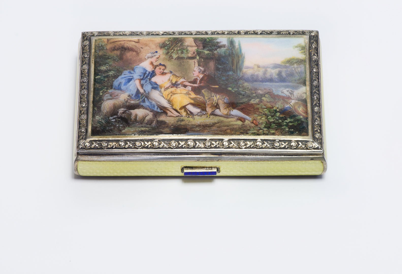 Antique Austrian Guilloche Enamel 935 Gilt Silver Romantic Scene Box - DSF Antique Jewelry