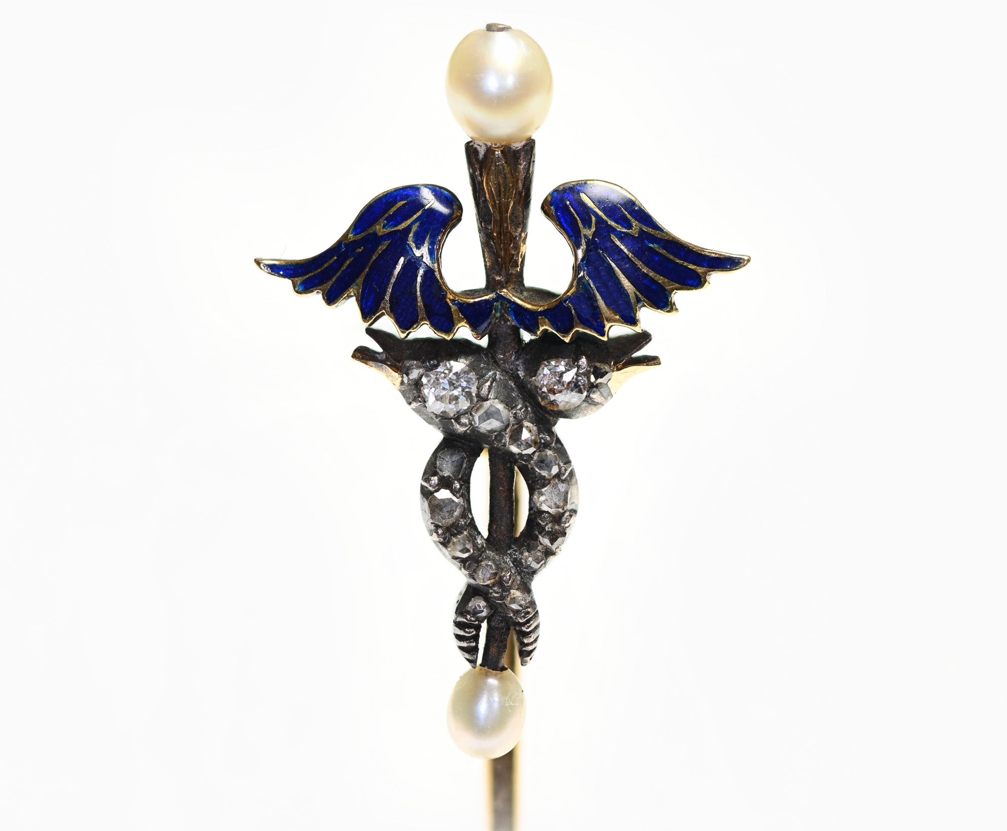 Antique Caduceus Gold Diamond Pearl Enamel Stick Pin