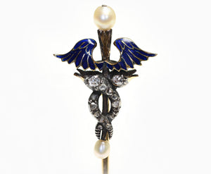 Antique Caduceus Gold Diamond Pearl Enamel Stick Pin