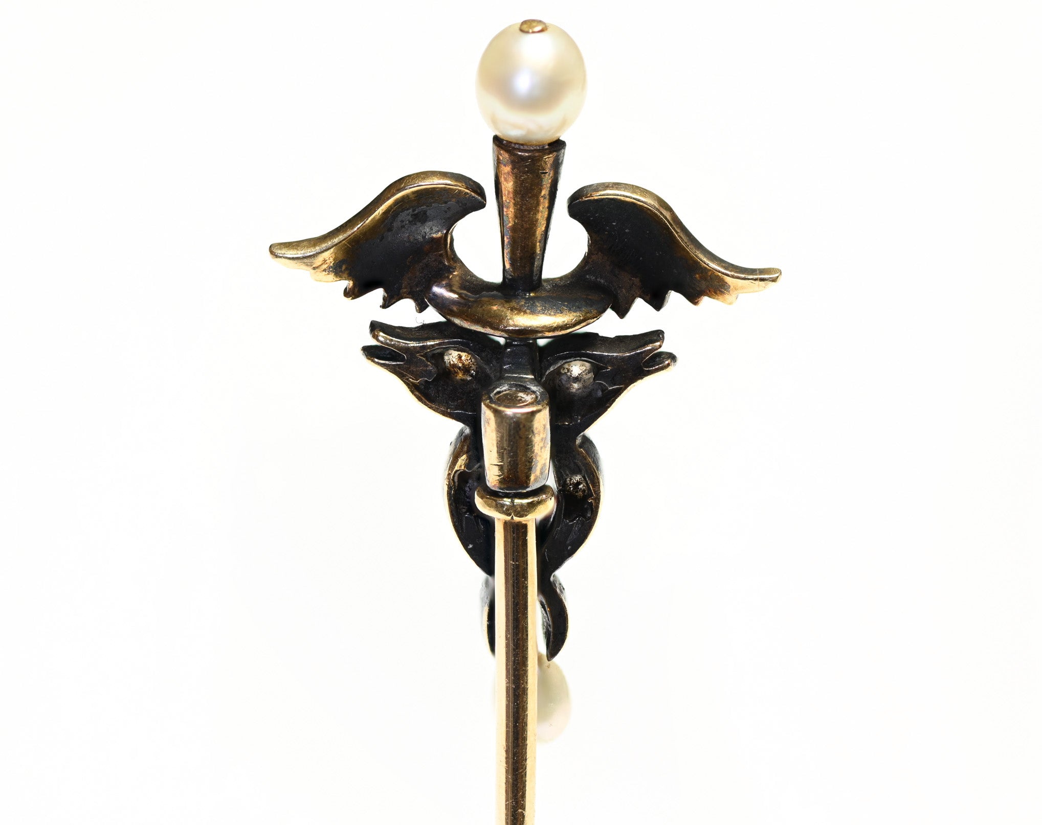Antique Caduceus Gold Diamond Pearl Enamel Stick Pin - DSF Antique Jewelry