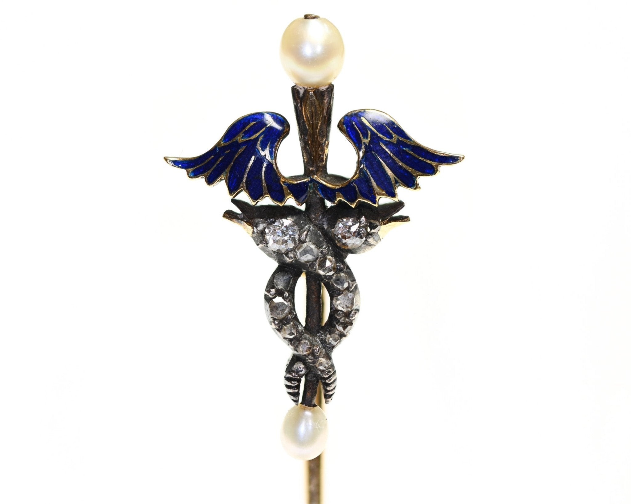 Antique Caduceus Gold Diamond Pearl Enamel Stick Pin