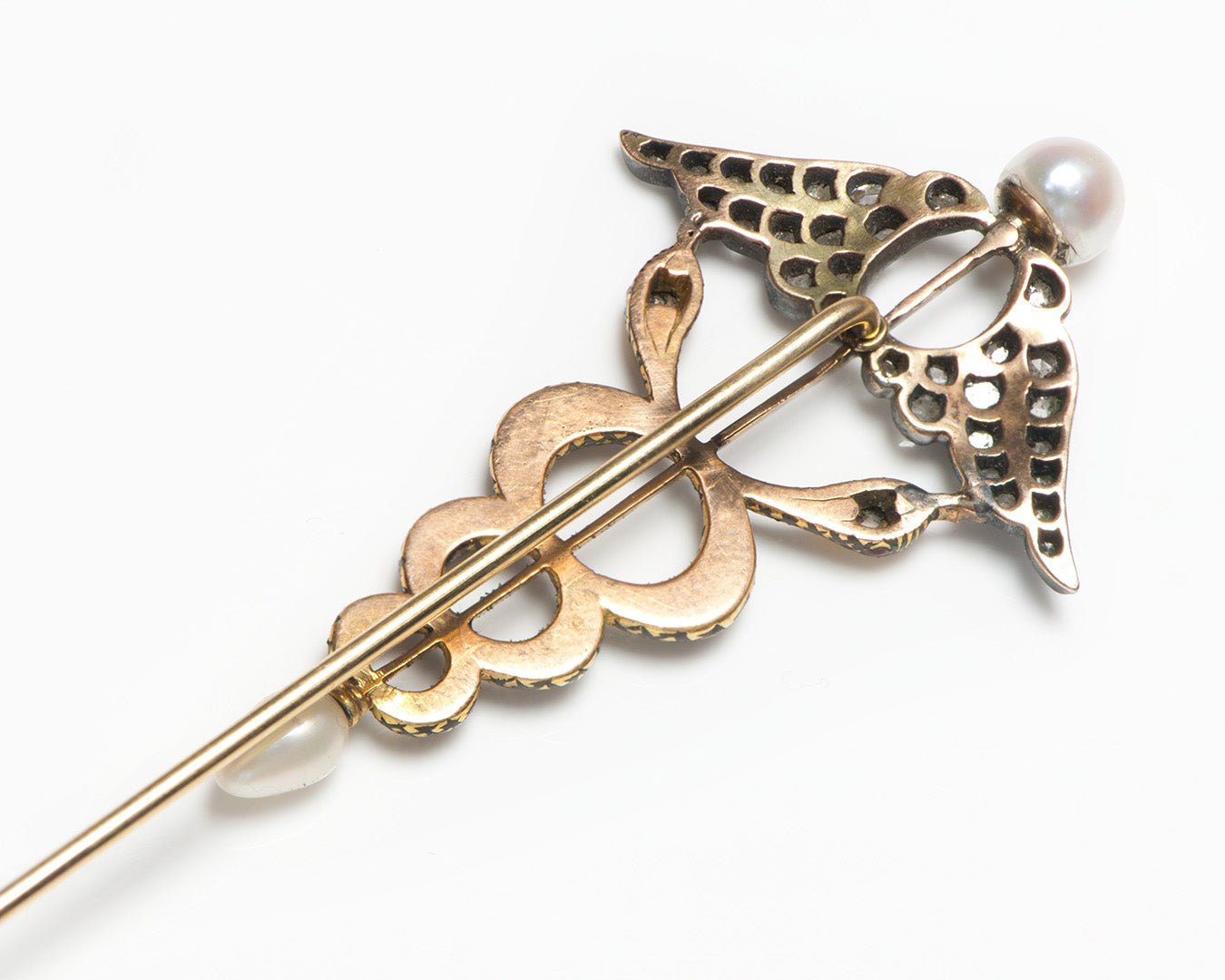 Antique Caduceus Gold Silver Diamond Pearl Enamel Stick Pin