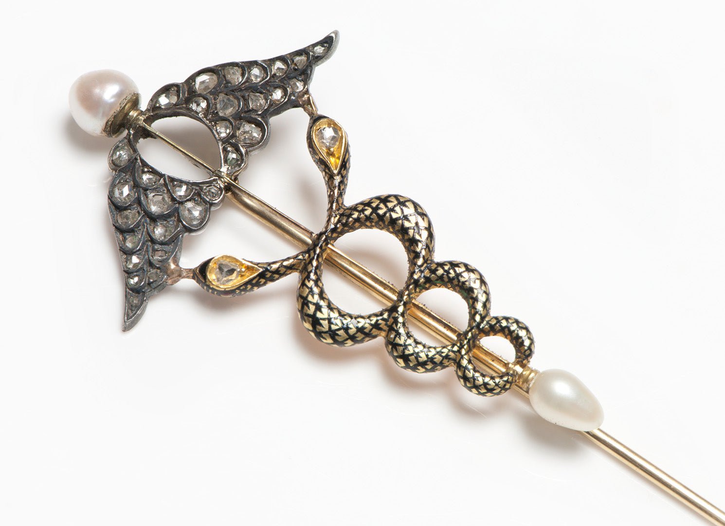 Antique Caduceus Gold Silver Diamond Pearl Enamel Stick Pin