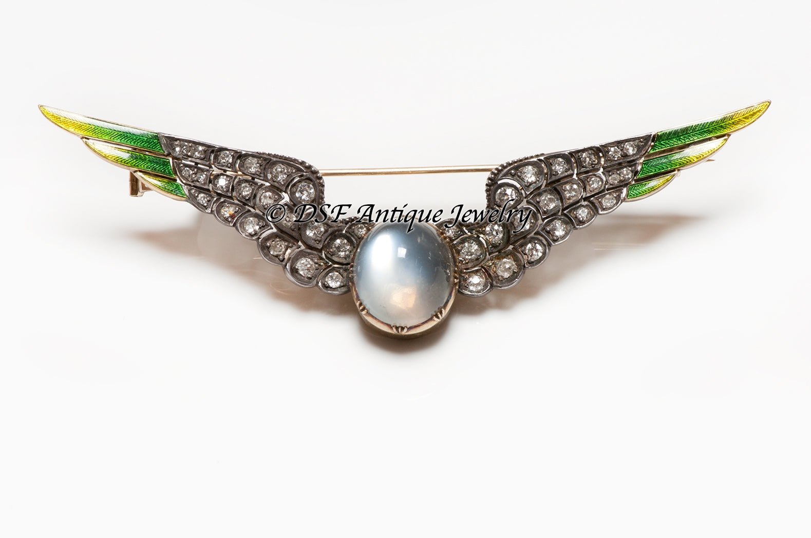 Antique Carlo Giuliano Diamond Moonstone Enamel Wings Brooch