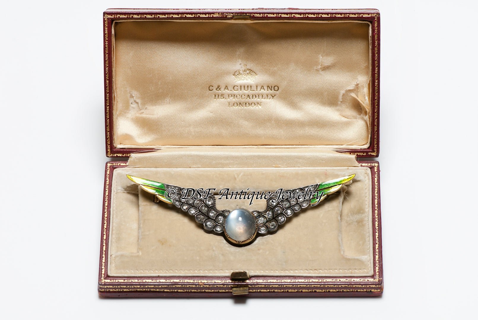 Antique Carlo Giuliano Diamond Moonstone Enamel Wings Brooch
