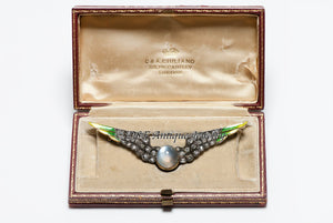 Antique Carlo Giuliano Diamond Moonstone Enamel Wings Brooch