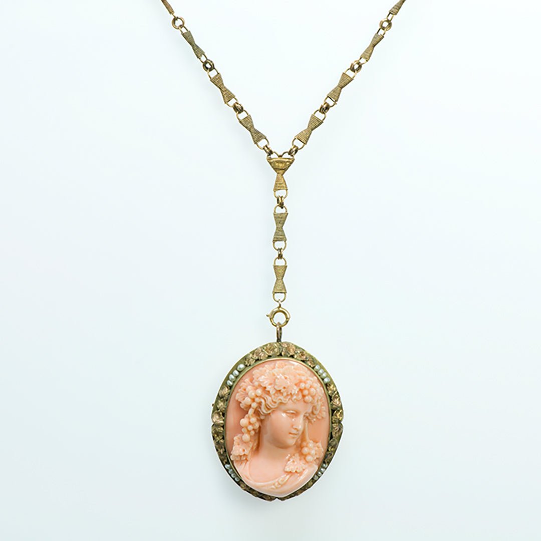 Antique Carved Coral Pearl Cameo Gold Necklace