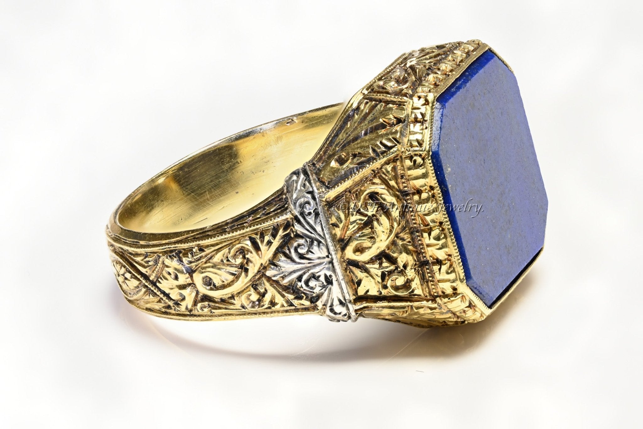 Antique Carved Gold Platinum Lapis Men's Ring - DSF Antique Jewelry